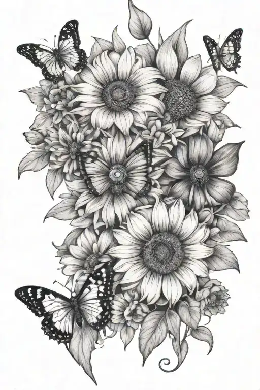 sunflower poppy lily daisy butterfly and bee tattoo design idea