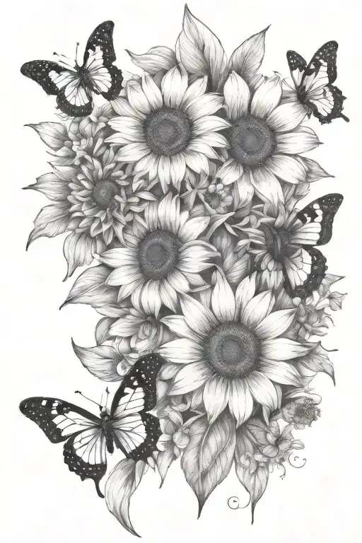 sunflower poppy lily daisy butterfly and bee tattoo design idea