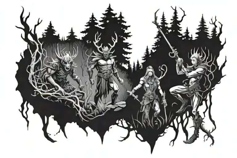 dark forest with a hunter, a demon and a fairy. above the dark forest is the universe tattoo design idea