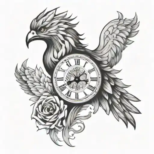 phoenix wings with centered clock tattoo design idea