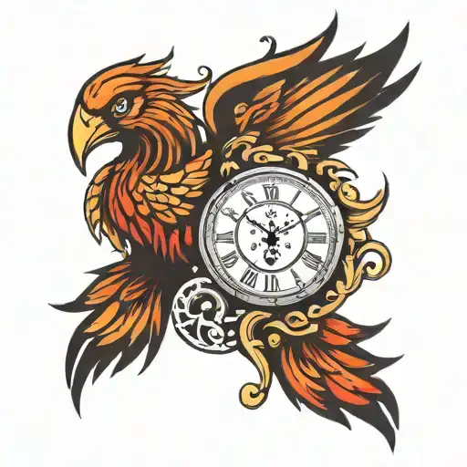 phoenix wings with centered clock tattoo design idea