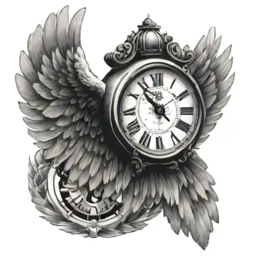 wings with centered clock tattoo design idea