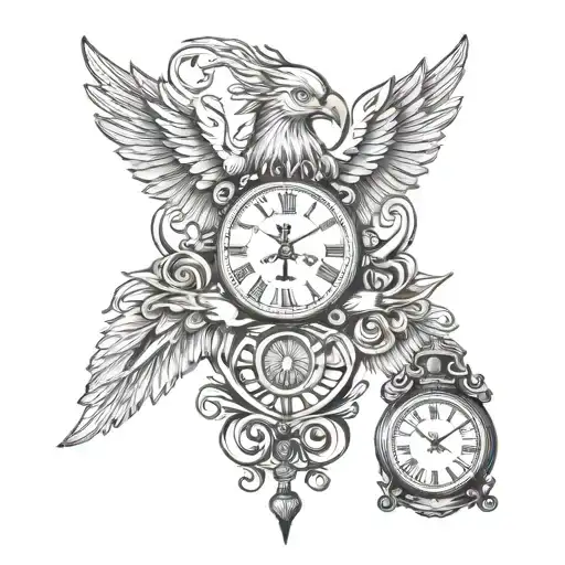 carpedium written tattoo design, with wings of eagle and time ticking, thematically present youth is just slipping away. tattoo design idea