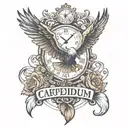 carpedium written tattoo design, with wings of eagle and time ticking, thematically present youth is just slipping away. tattoo design idea