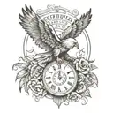 carpedium written tattoo design, with wings of eagle and time ticking, thematically present youth is just slipping away. tattoo design idea