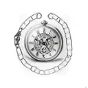 pocket watch with chain and broken glass and behind a pirate ship tattoo design idea