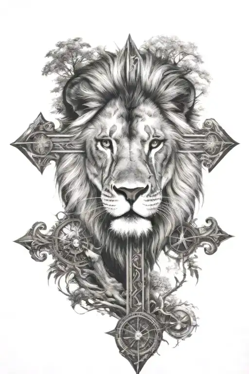 cross, tree of life, lion ,warrior, compass tattoo design idea