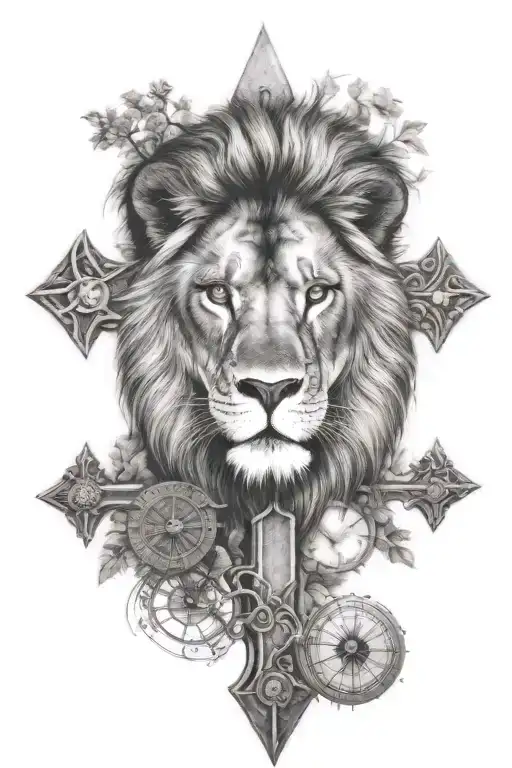 cross, tree of life, lion ,warrior, compass tattoo design idea