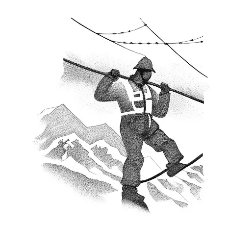 A silhouette of a lineman working on a powerline against a backdrop of a mountain range tattoo design idea