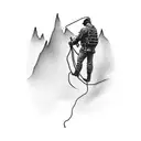 A silhouette of a lineman working on a powerline against a backdrop of a mountain range tattoo design idea