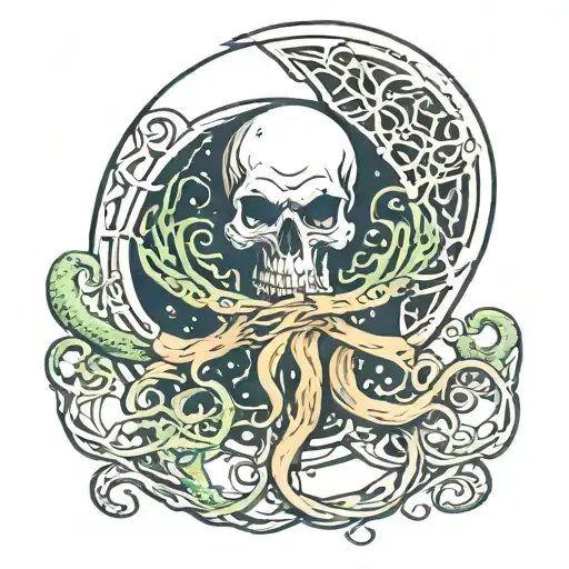a half moon with a skull in the middle seating down AND some Cthulhu tentacles coming from behind tattoo design idea