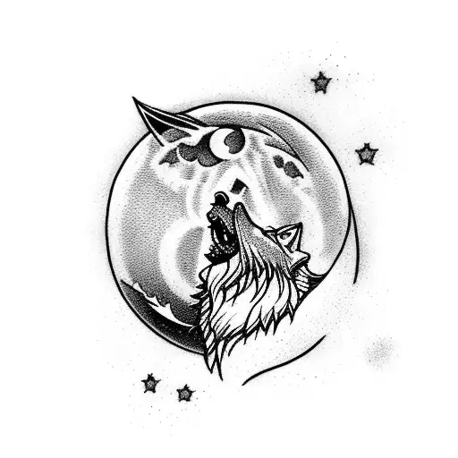 A majestic wolf howling at the moon and inside moon 2 koi fish with peace tattoo design idea