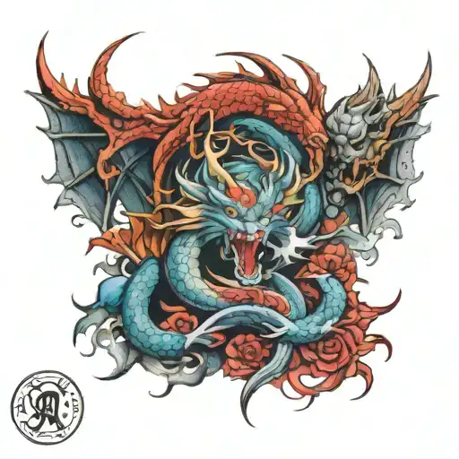 dragon and wolf surrounded tattoo design idea