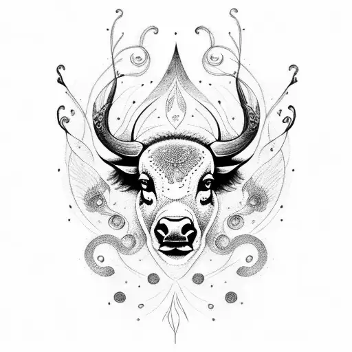 A dotwork design of a buffalo and a butterfly surrounded by a swirling pattern of lightning bolts tattoo design idea