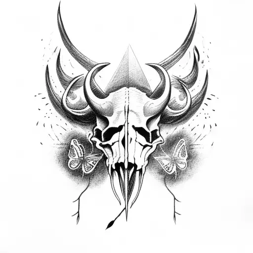 A buffalo skull with butterfly wings and lightning bolts surrounding it tattoo design idea