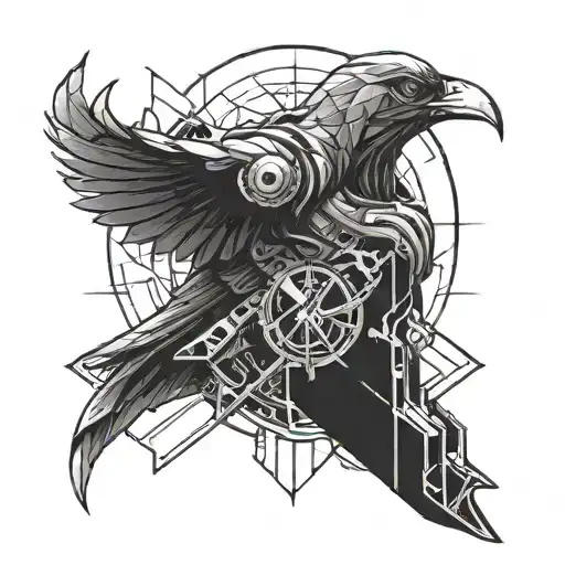A futuristic cyberpunk version of an Assassin's Creed logo incorporating a kolibrie bird tattoo design idea