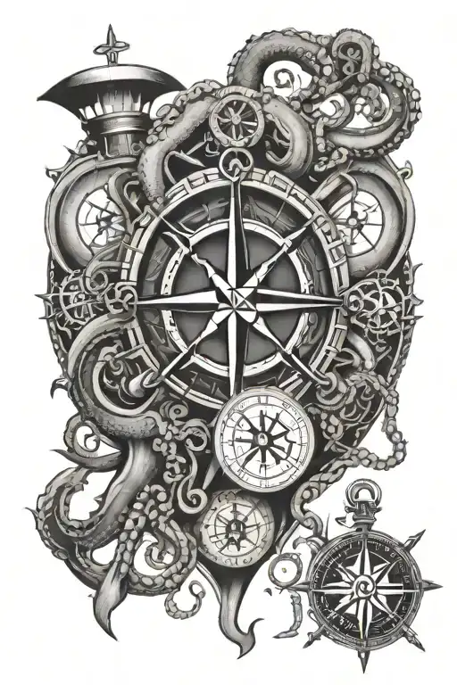 octopus, compass, anchor, cross, real life heart, a ship wheel and a li tattoo design idea