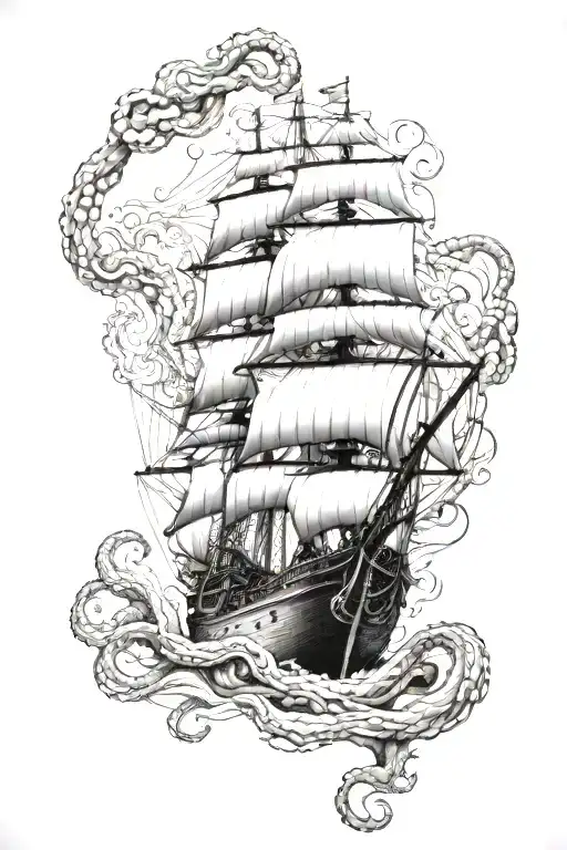 A majestic sailing ship with an octopus wrapping its tentacles around the hull, blending the client's passion for sailing and fascination with marine life tattoo design idea