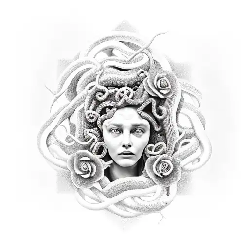 Medusa, fake face, snakes, flowers tattoo design idea