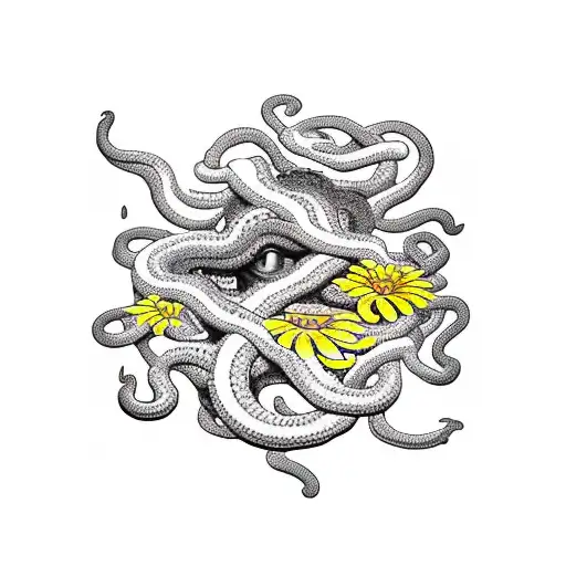 Medusa, fake face, snakes, flowers tattoo design idea