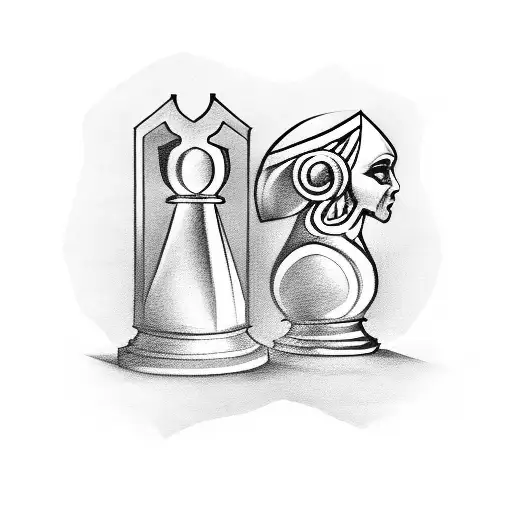 cross Queen and King chess pieces crossed one against the other with a chessboard in the background  tattoo design idea