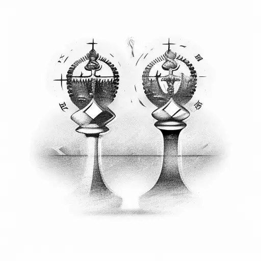 Queen and King chess pieces crossed one against the other with a chessboard in the background  tattoo design idea
