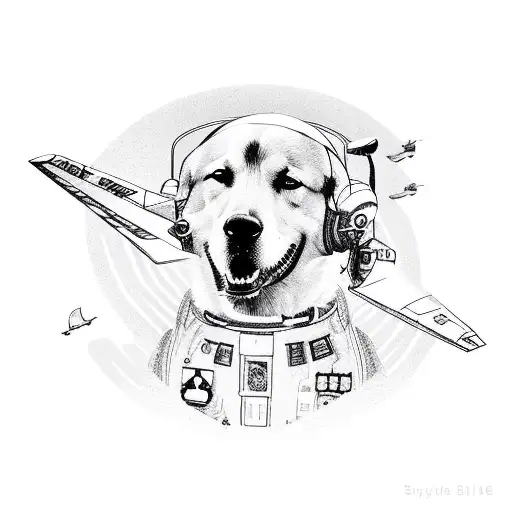 A pilot flying a plane with a loyal dog as their co-pilot tattoo design idea