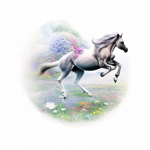 A majestic horse galloping through a dreamy field of flowers tattoo design idea