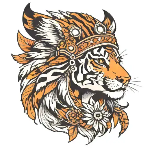 indian tiger head dress and woman  tattoo design idea