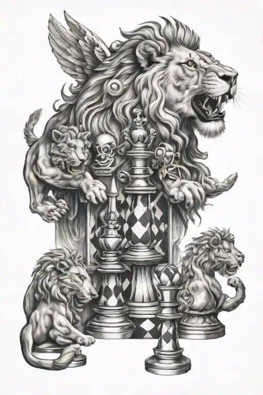 Angel, lion roaring, and chess pieces tattoo design idea