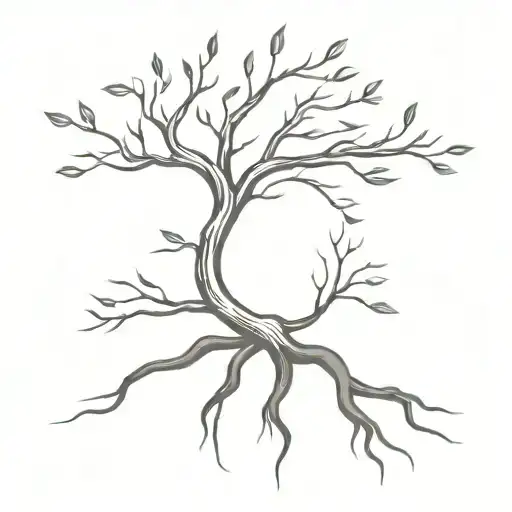 A minimalist tattoo of a tree with roots reaching deep into the ground, representing your desire for growth and self-improvement tattoo design idea