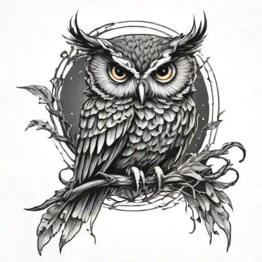 A detailed tattoo of an owl perched on a hunting bow, with electric sparks flying around, combining all of the client's passions and interests tattoo design idea