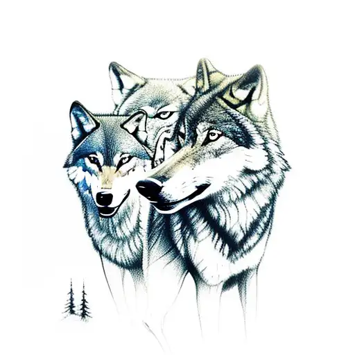 4 wolves. in the woods. 2 adults one male one female two male juveniles tattoo design idea