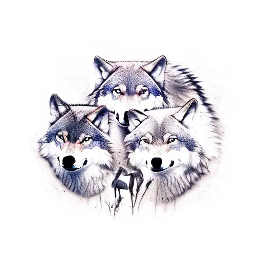 4 wolves. walking out of the forest. 2 adults one male one female two male juveniles tattoo design idea