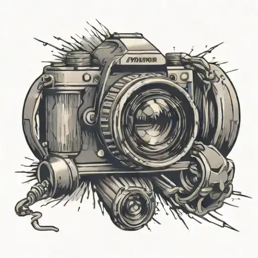 A dynamic composition of a camera shooting a music video on a football field, blending your two passions seamlessly tattoo design idea