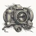 A dynamic composition of a camera shooting a music video on a football field, blending your two passions seamlessly tattoo design idea