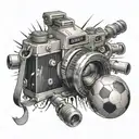 A dynamic composition of a camera shooting a music video on a football field, blending your two passions seamlessly tattoo design idea