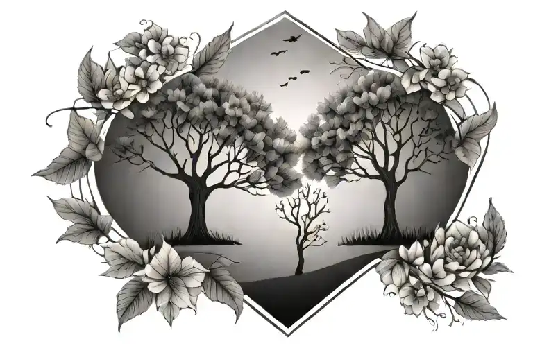 A geometric black and grey tattoo of two trees, one with leaves falling in autumn for October and the other with blooming flowers for February, symbolizing your sons' birthdays tattoo design idea