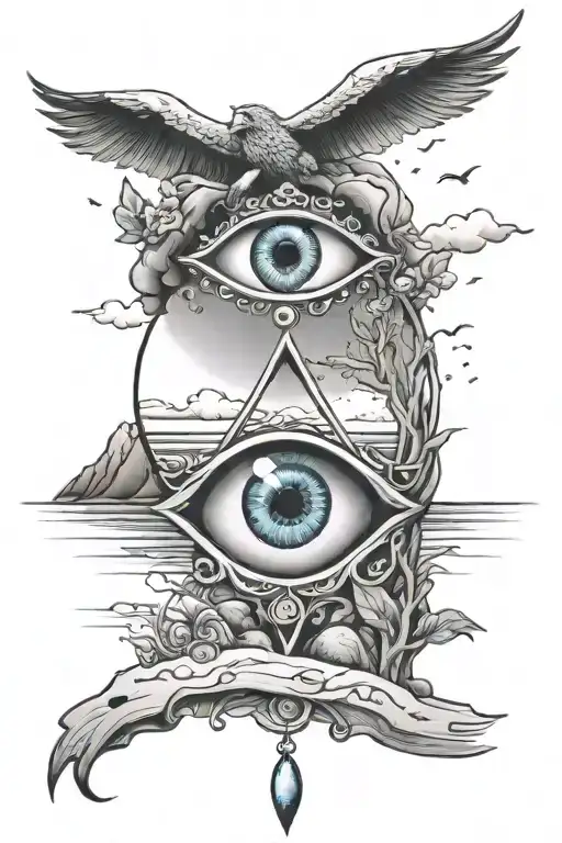 A tranquil scene of a serene beach with a mystical evil eye hovering above the horizon tattoo design idea