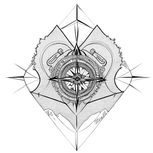 A heart-shaped compass surrounded by intricate hiking gear tattoo design idea