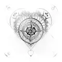 A heart-shaped compass surrounded by intricate hiking gear tattoo design idea