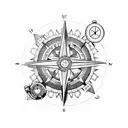 A heart-shaped compass surrounded by intricate hiking gear tattoo design idea