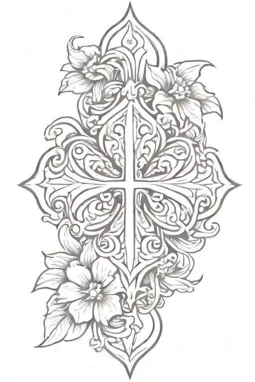 floral tattoo with Maltese cross tattoo design idea