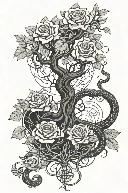 Tree Of Life with roses blooming and money and a snake  tattoo design idea
