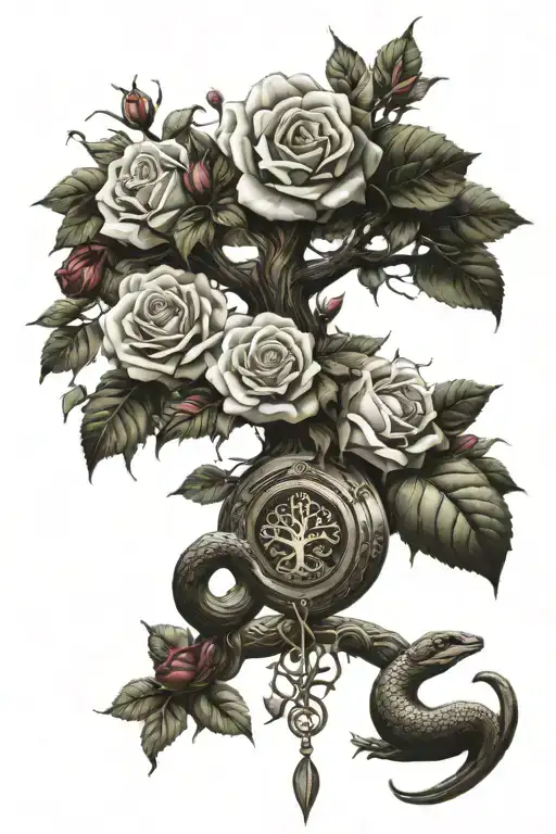Tree Of Life with roses blooming and money and a snake  tattoo design idea
