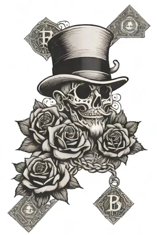 roses background and incorperate money and a monopoly man and a bitcoin and snake coiling and "nay" with a heart tattoo design idea