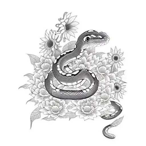 snake on a dagger with sunflower and daisy in the background tattoo design idea