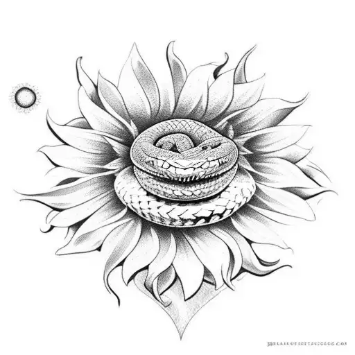 snake on a dagger with sunflower and daisy in the background tattoo design idea