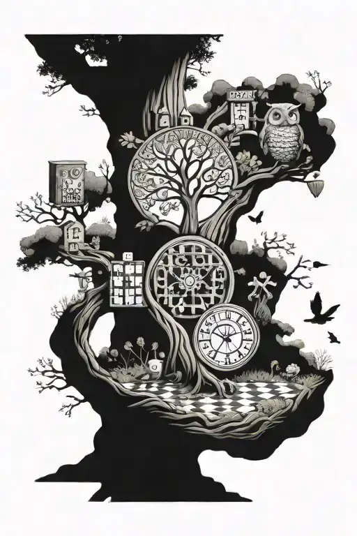 big realistic tree with symbols omega, diamond , alpha, owl, chessboard, dices and a triple π on it  tattoo design idea