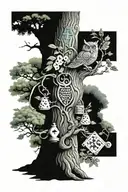 big realistic tree with symbols omega, diamond , alpha, owl, chessboard, dices and a triple π on it  tattoo design idea